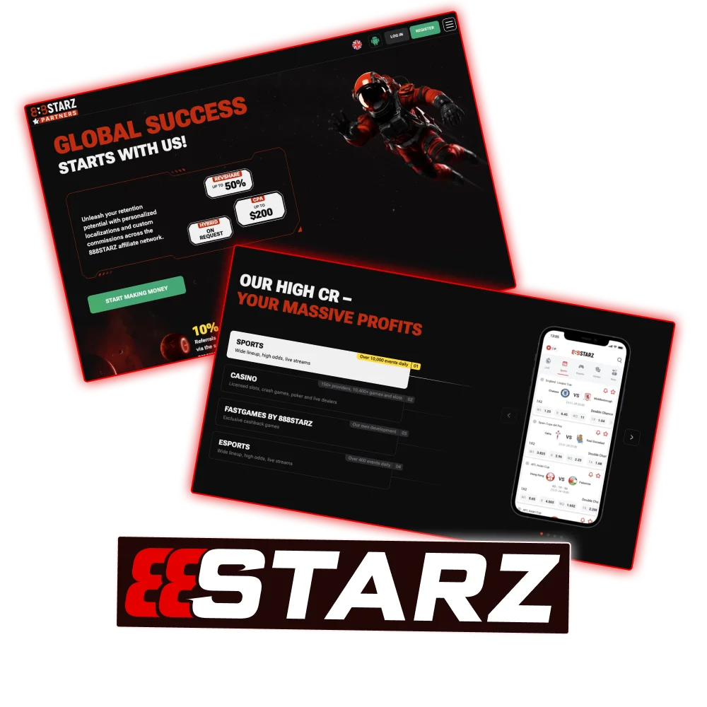You can monetize your traffic with the 888Starz affiliate program.