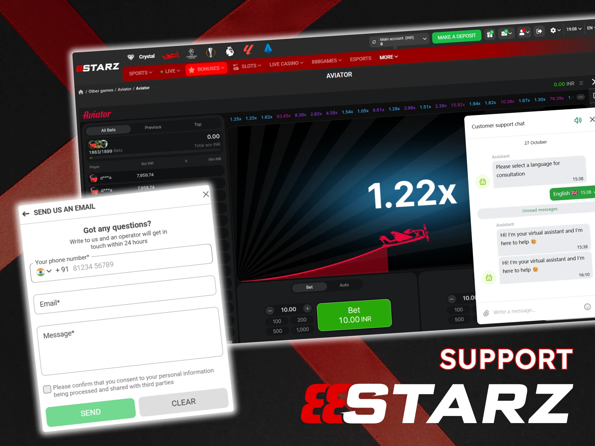 If you have any problems with the Aviator game, contact 888Starz customer support.