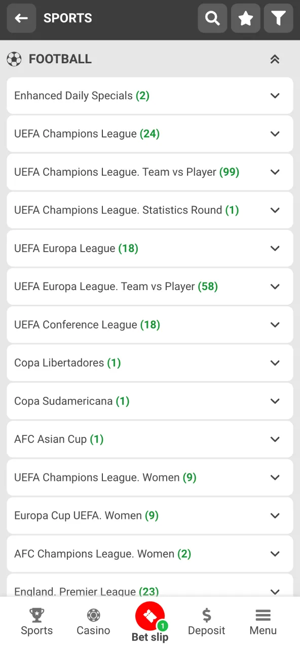 Select football and sort games on 888Starz.