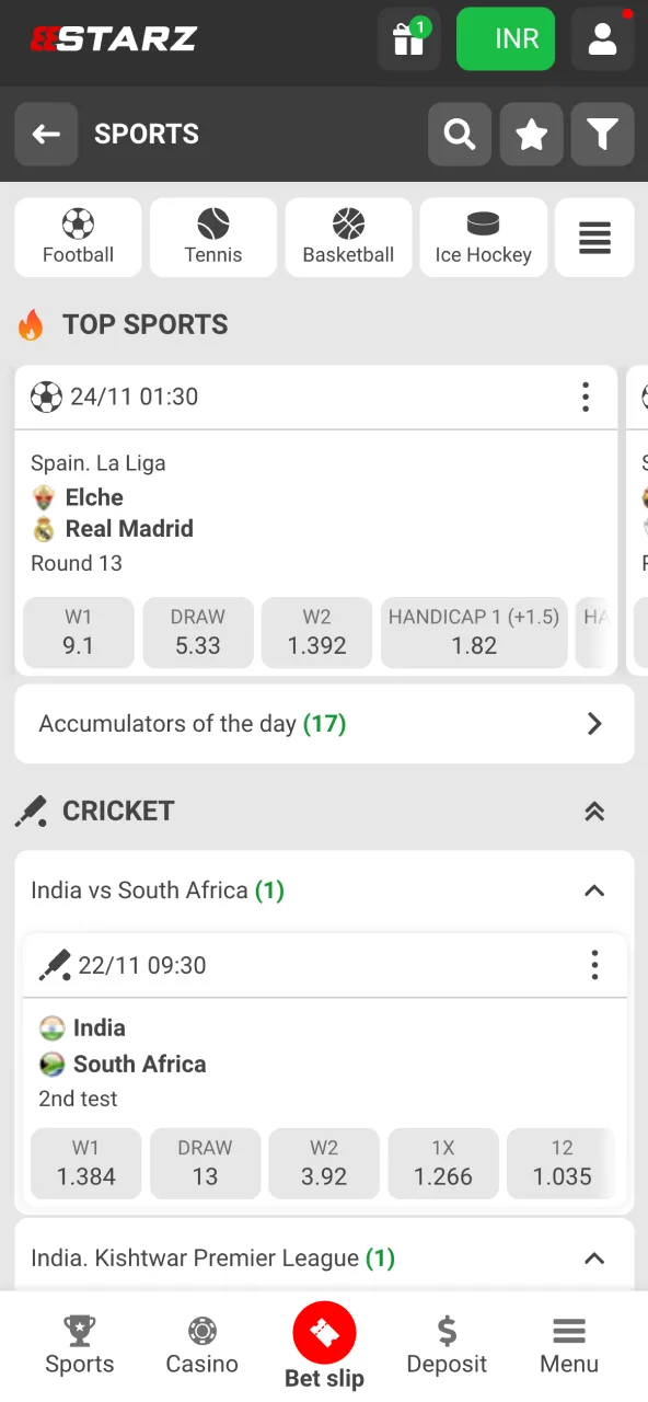888Starz India sports menu with tournaments and matches.