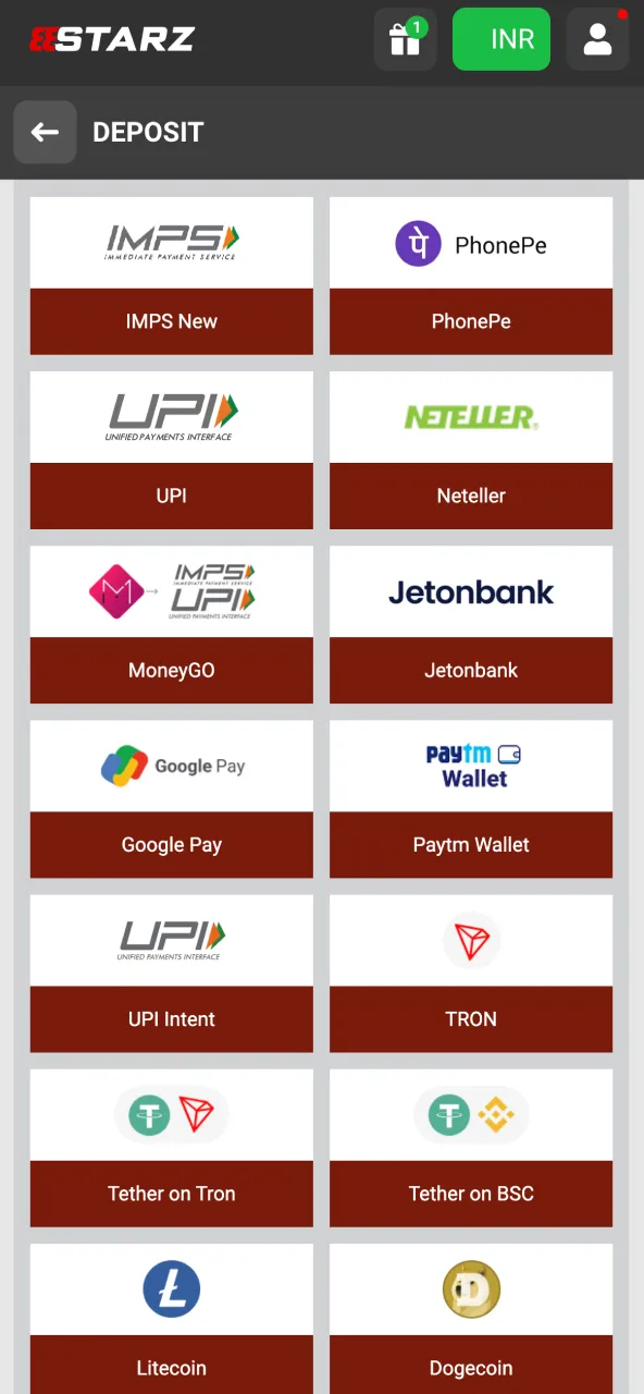 888Starz India deposits with crypto and banking.