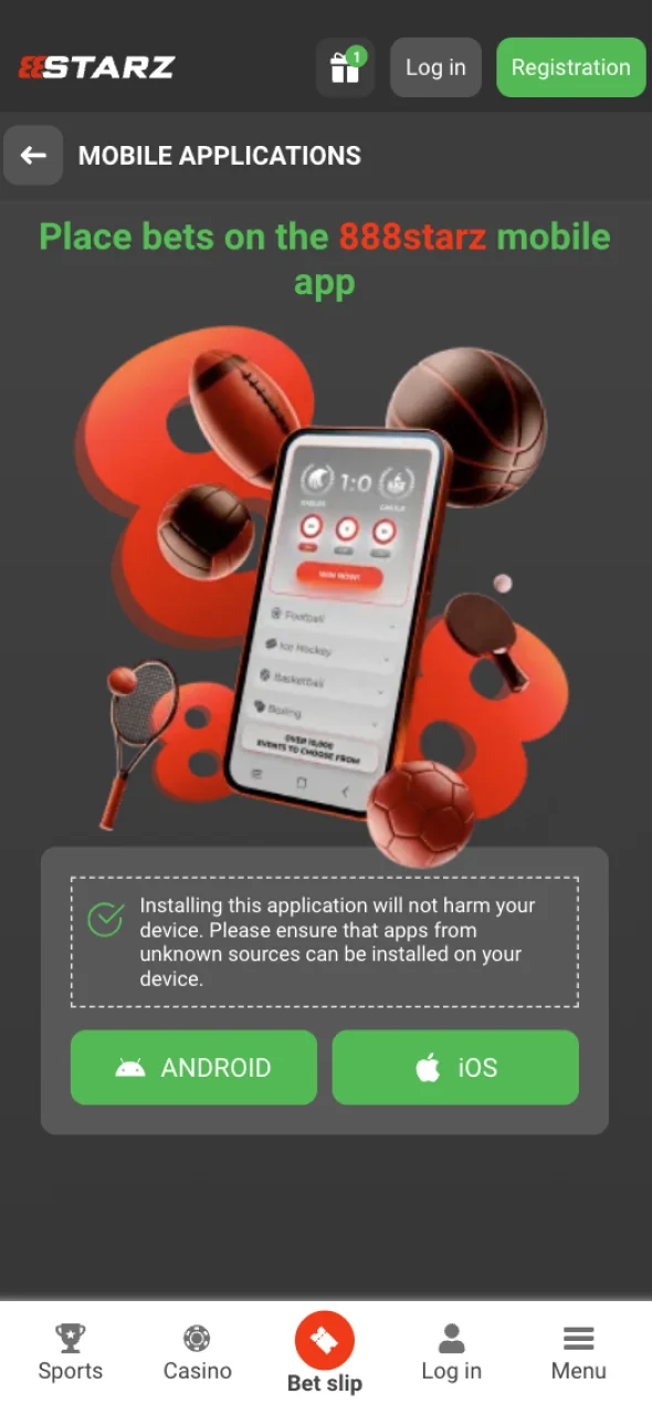 Press the iOS button to install 888Starz on your iPhone.