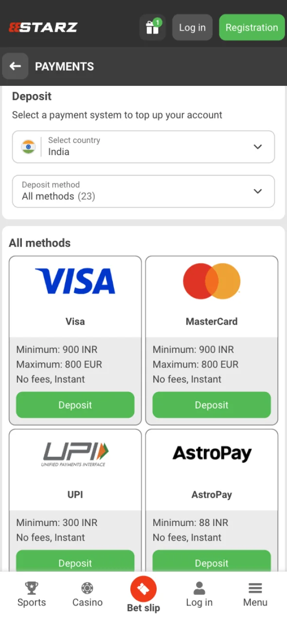 Once you have installed the 888Starz app, go to the deposits section to fund your account.