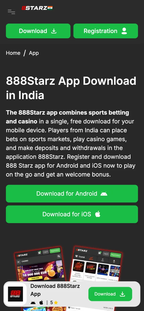Press iOS button to join 888Starz India.