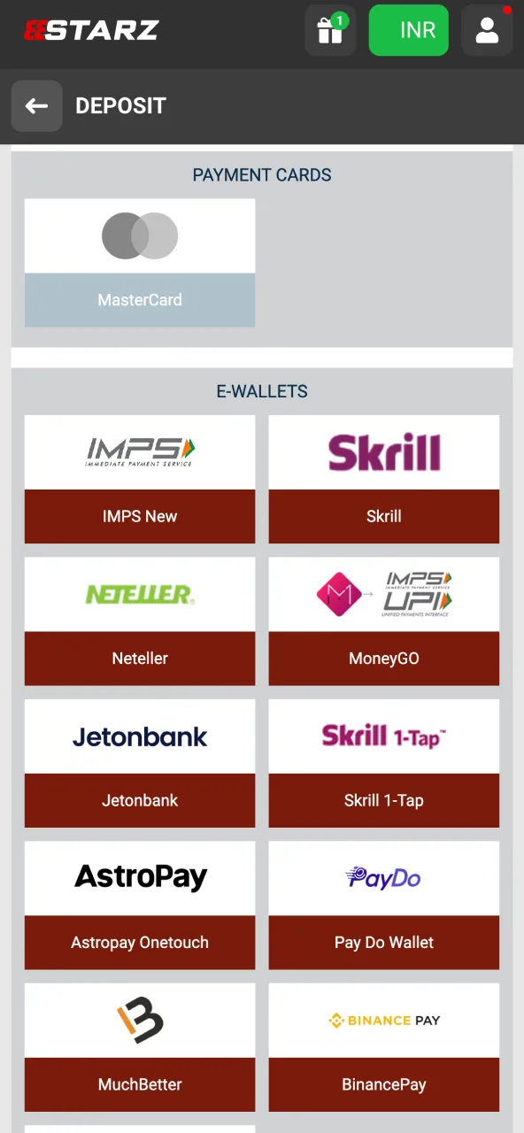 Add funds via chosen method on 888Starz.