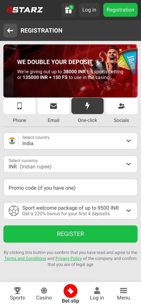 Register at 888Starz India by filling details.