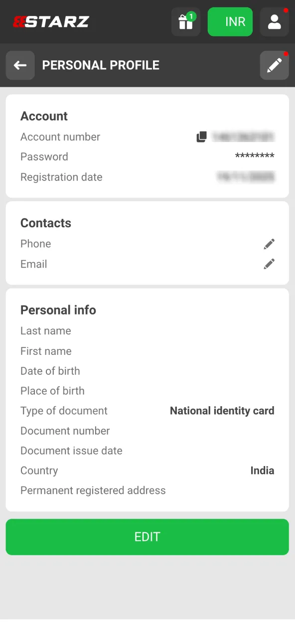 Fill in personal details in 888Starz Account.