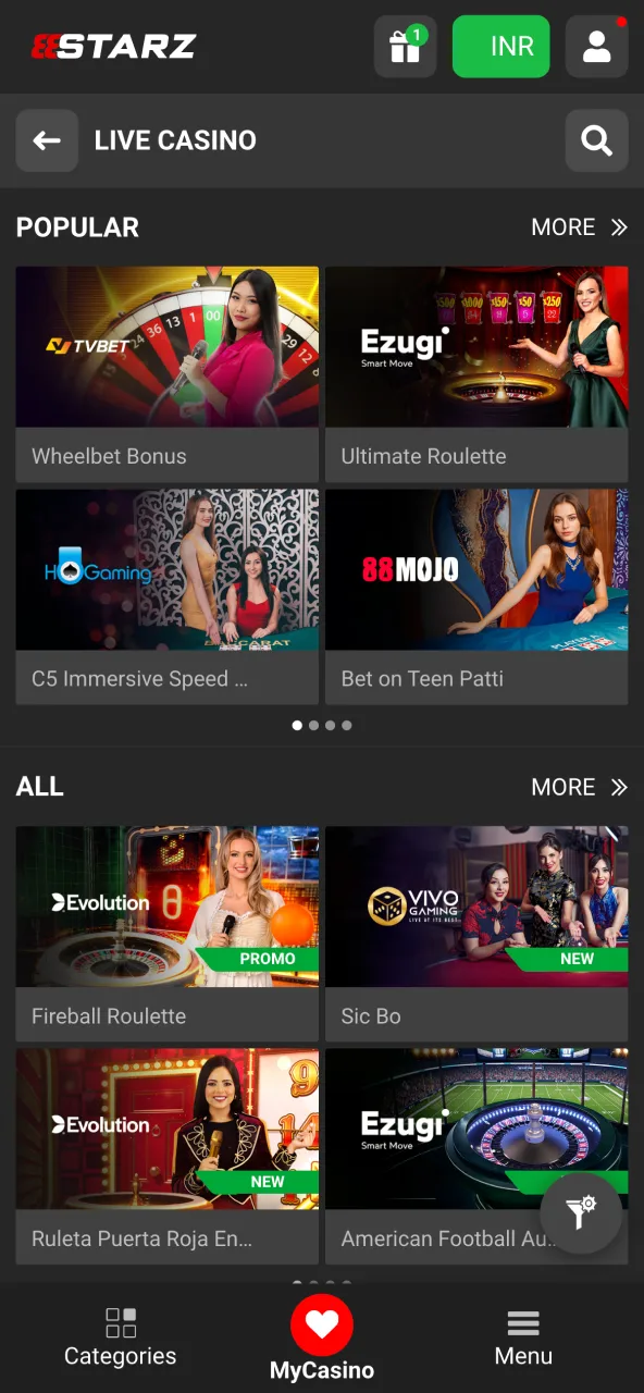 Choose live dealer tables at 888Starz India.