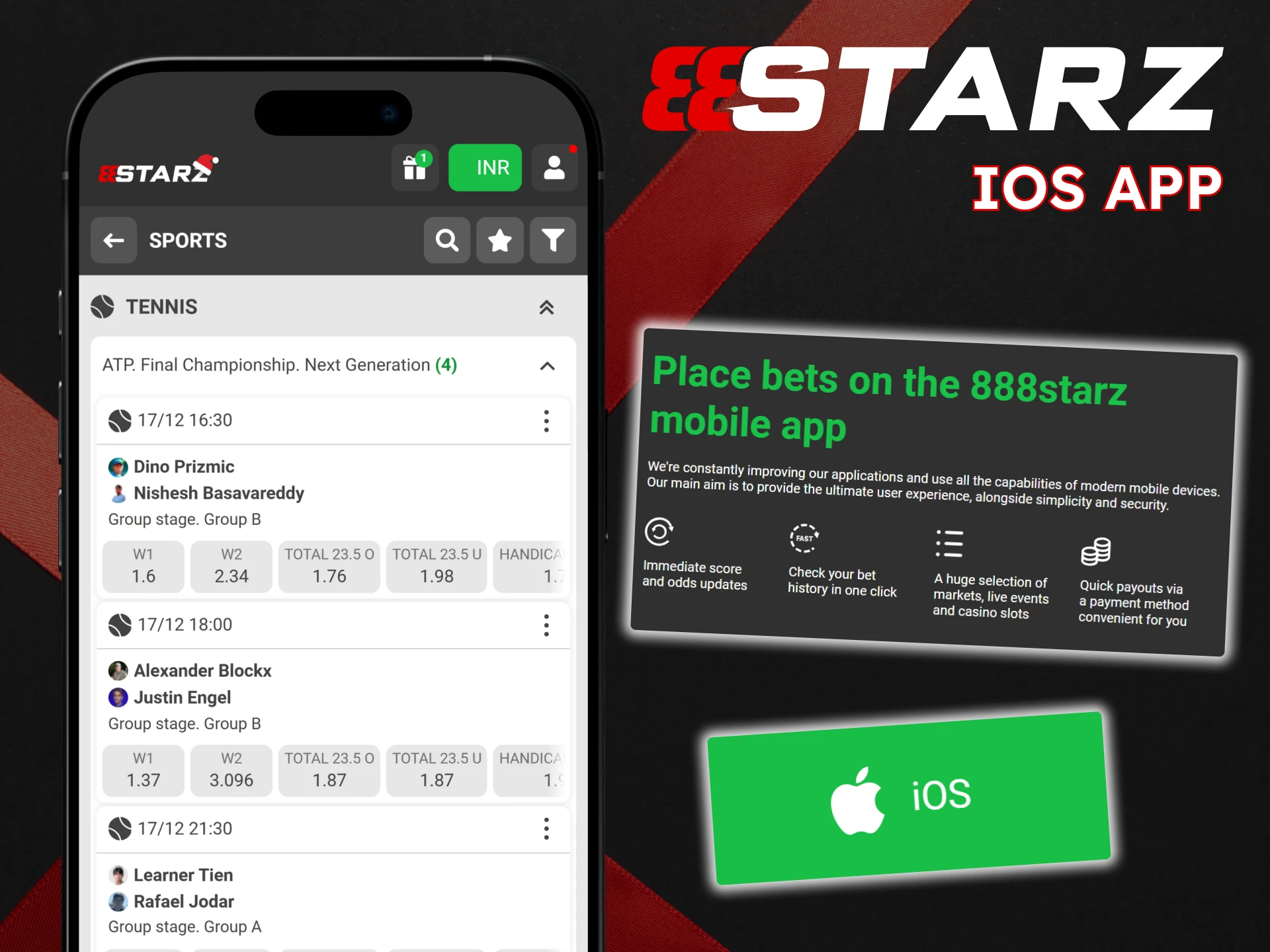Place bets on tennis through the 888Starz app for iOS.